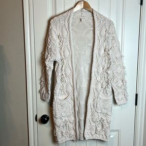 Anthro RAGA fisherman fringe boho cream chunky cardigan Sz Medium